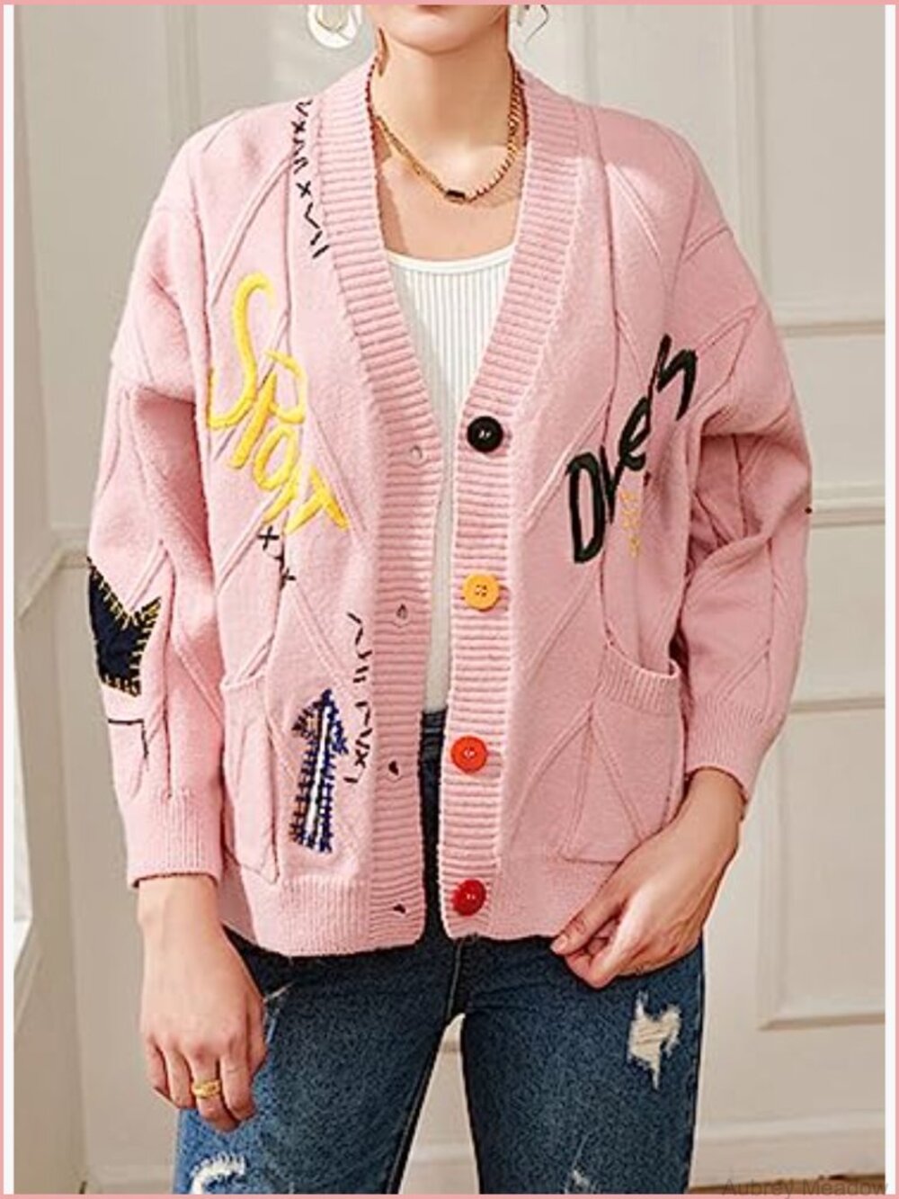 Chunky Cable Knit Cardigan Embroidery Button Down Sweater Jacket - Picture 2 of 6